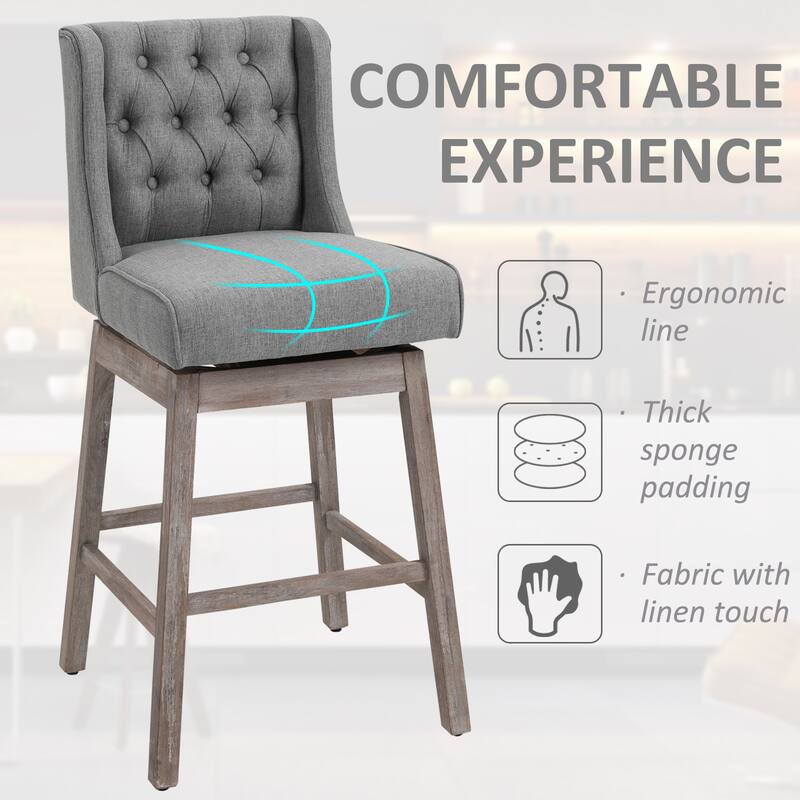 HomCom 2 Piece Swivel Bar Height Chair with Integrated Footrest, Solid Wood Design, and a 180 Degree Rotation, Grey