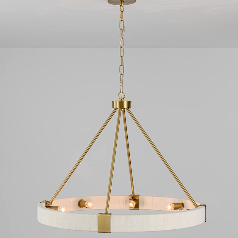 8-Light 27" W Modern Boho Beige Round Wagon-wheel Hand-Woven Cotton Chandelier - 27.6 in. W x 21.3 in. H x 27.6 in. D - 27.6 in. W x 21.3 in. H x 27.6 in. D - Beige/Gold