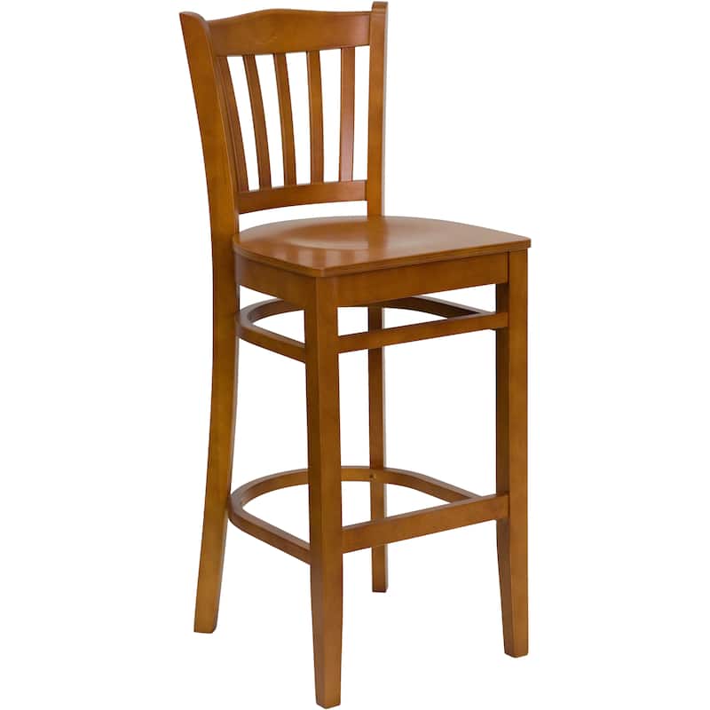 Vertical Slat Back Wooden Restaurant Barstool - Hospitality Seating - 16.75"W x 18.75"D x 43.75"H - 16.75"W x 18.75"D x 43.75"H - Cherry Wood Seat/ Cherry Wood Frame
