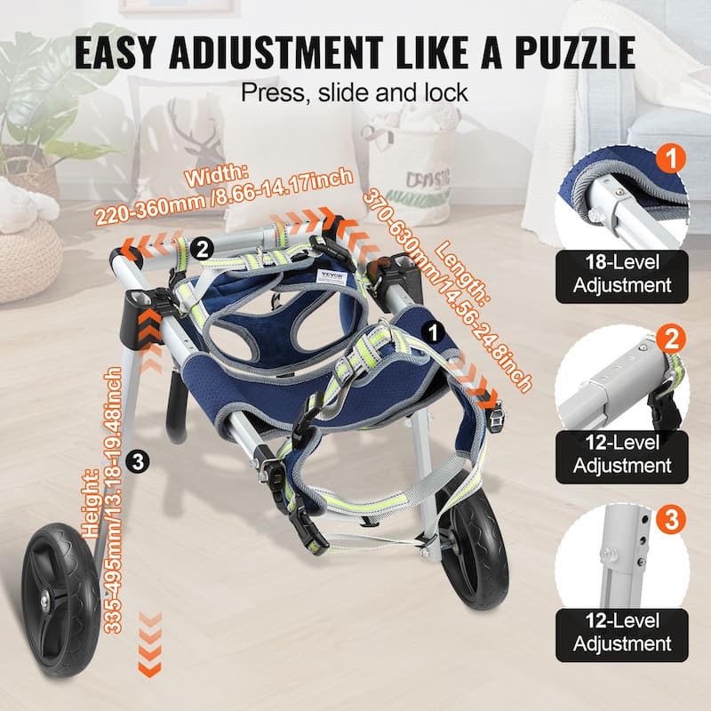 VEVOR 2 Wheels Dog Wheelchair for Back Legs, Dog Cart/Wheelchair for Injured, Disabled, Paralysis, Hind Limb Weak Pet