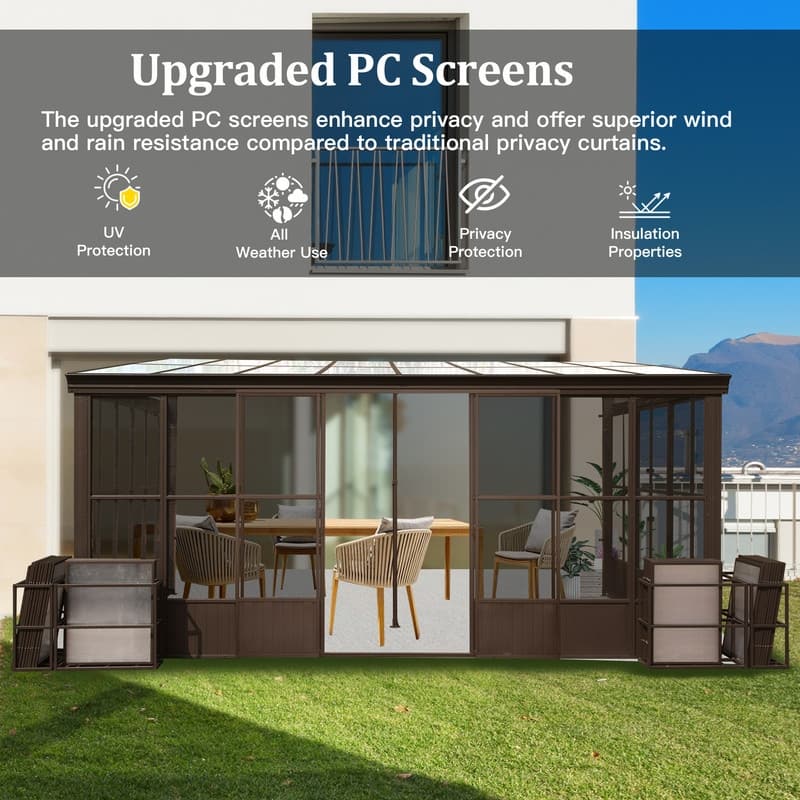 Domi Wall-Mounted Sunroom with Sloped PC Roof and Lockable Sliding Doors