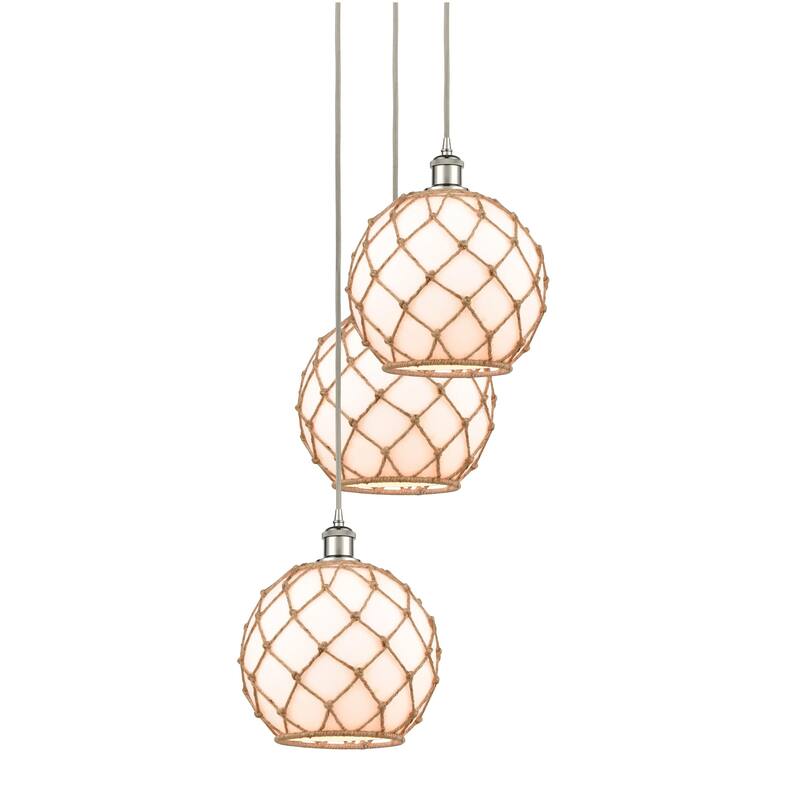 Innovations Lighting 113B-3P-37-17 Farmhouse Rope Pendant Farmhouse - Polished Nickel / White Glass with Brown Rope