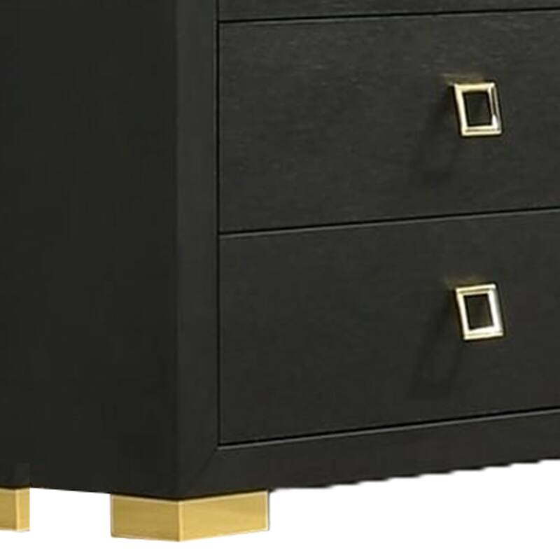 Lati Wide Dresser, 6 Drawers, Modern Black Wood, Gold Metal