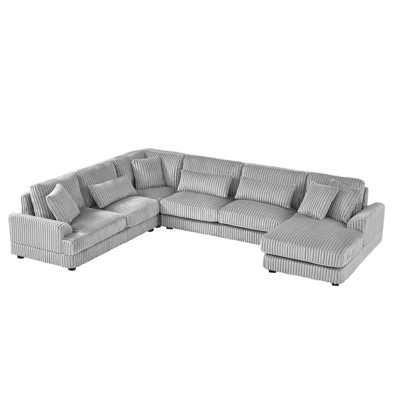 U-Shaped Sectional Sofa with Chaise Lounge, Oversized Corduroy Upholstered Sofa, 5 Seater Sofa with Removable Throw Pillows