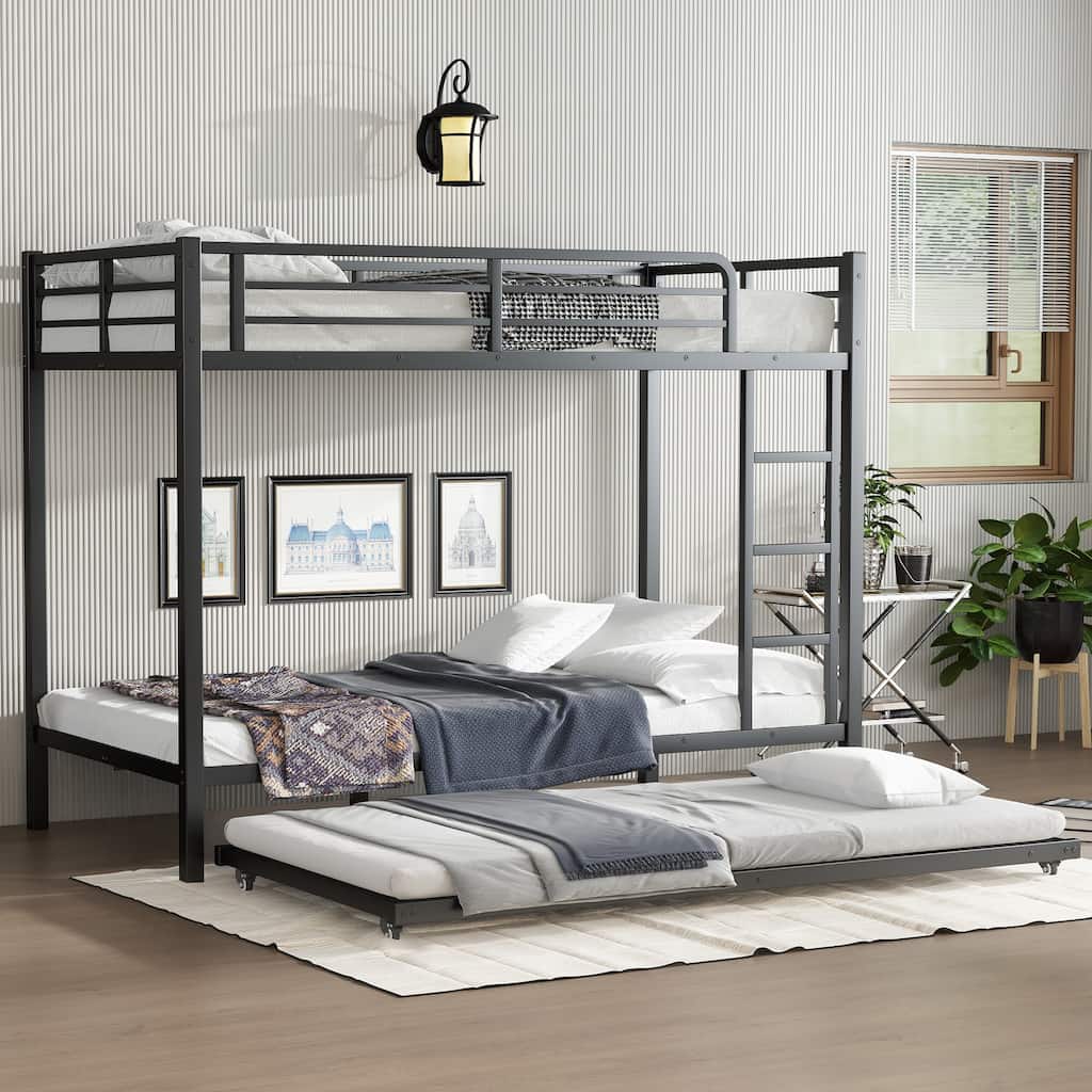 Roomfitters Twin/Full Metal Bunk Bed with Twin Trundle, Space-Saving Design for Teens & Adults, Black