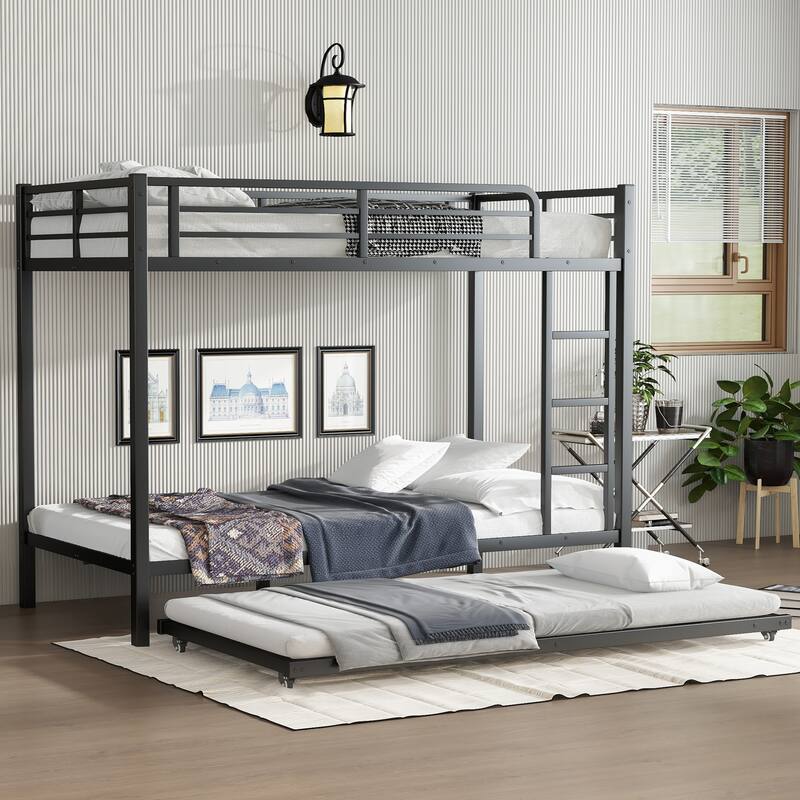 Twin XL over Twin XL Metal Bunk Bed Frame with Twin Size Trundle, Plastic Stoppers, Built-in Ladder and Full-Length Guardrails