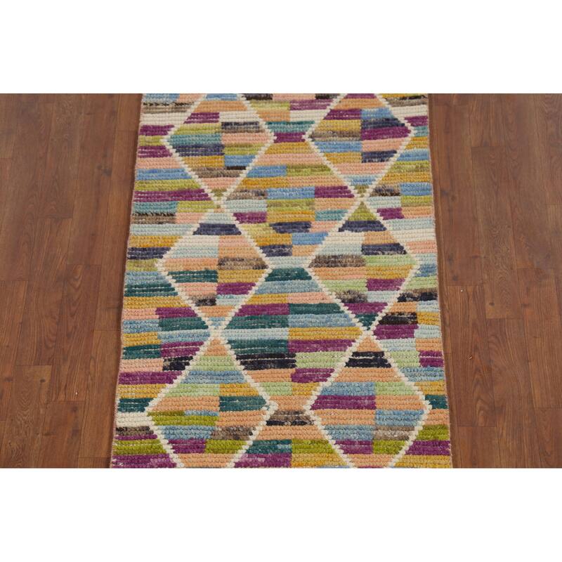 Hand Knotted Oriental 100% Wool Carpet Modern All-Over Multi-Colored Moroccan Runner Rug - 12' 9'' X 2' 5''