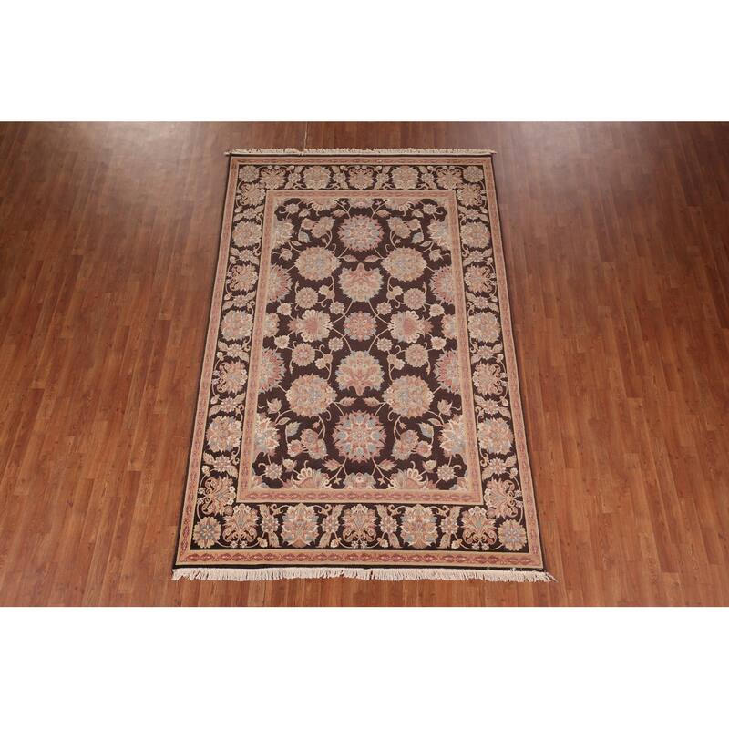 All-Over Brown Floral Kashan Turkish Area Rug Machine Made Carpet - 6'5" x 9'9"