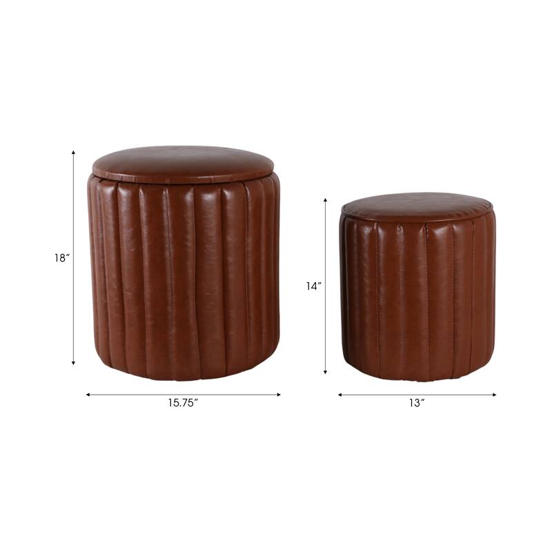 Leather and Pine Wood Ottoman Modern Storage (Set of 2) - 14/18" Brown