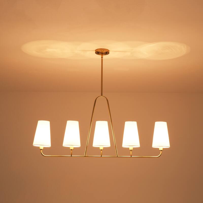 5-Light Mid-Century Modern Linear Pendant Light in Brass Finish White TC Fabric Shade for Dining Room and Kitchen Island