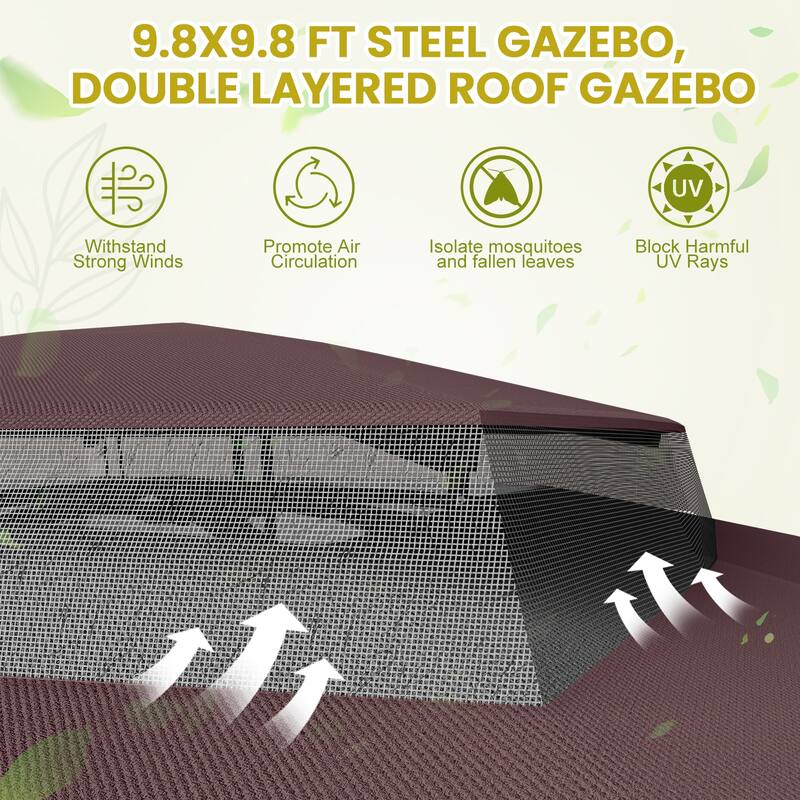 9'X9' Outdoor Steel Gazebo, Double Roof Patio Canopy with Netting, Curtains & Hanging Hooks for Backyard Deck Garden
