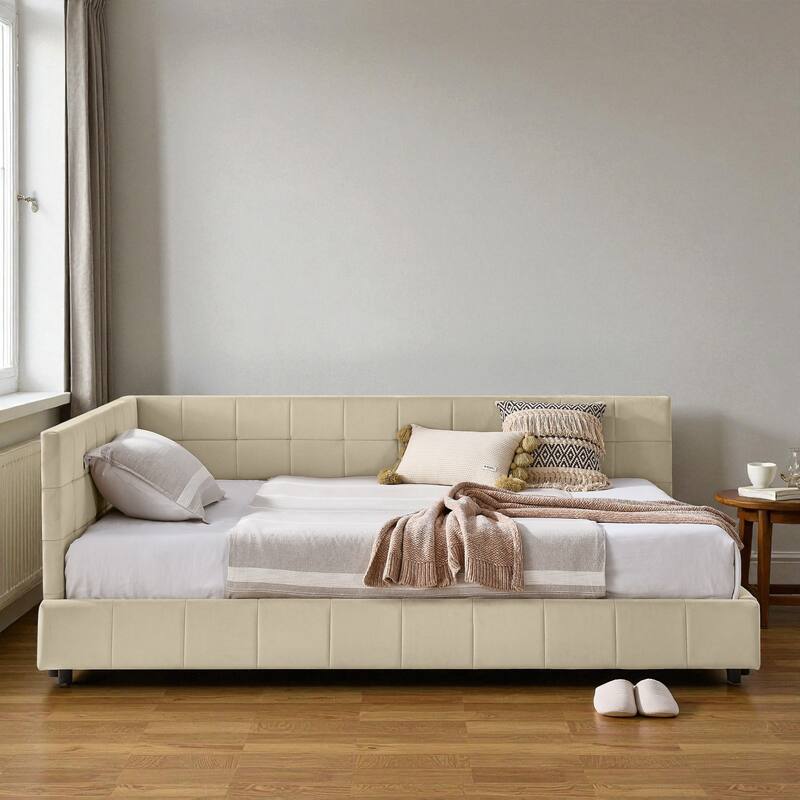 Full Size Velvet Upholstered Tufted Daybed Frame with Backrest and Armrest, Mid-Century Sofa Bed for Bedroom or Living Room