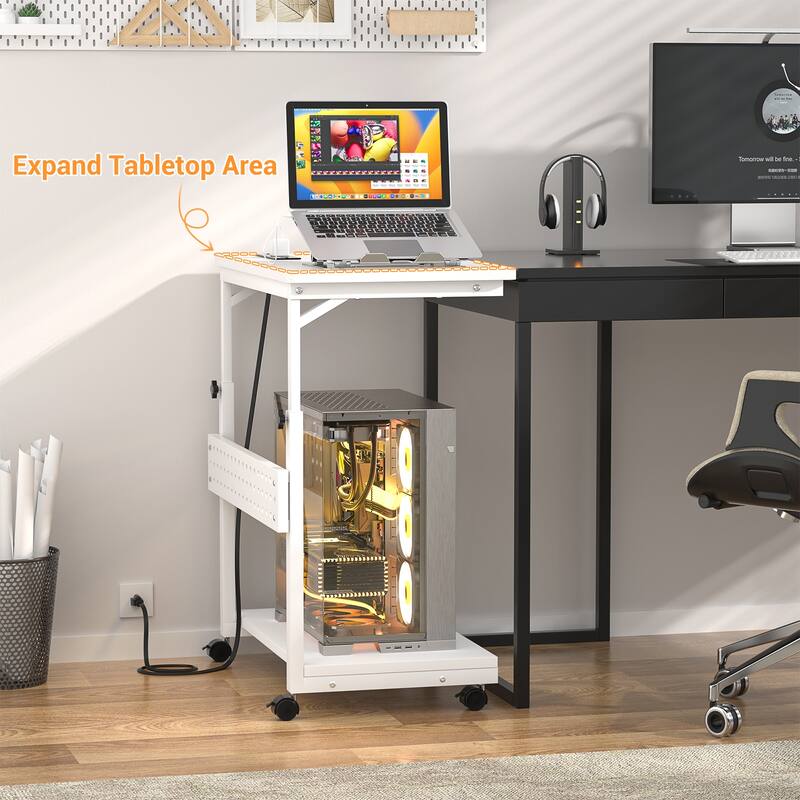 Rolling Computer Stand with Charging Station, Height Adjustable CPU Holder