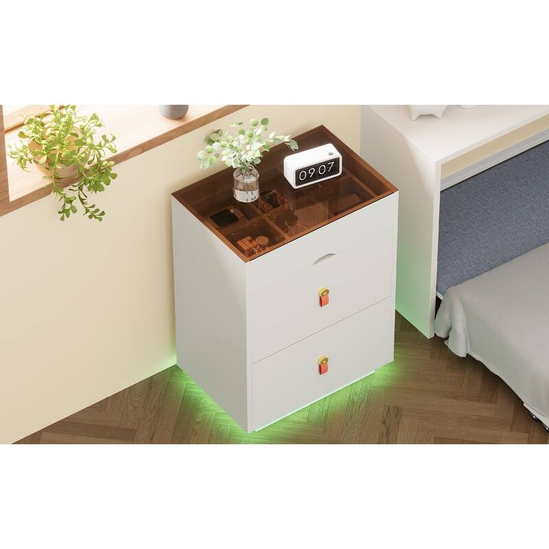 Nightstand with LED Lights & 3 Drawers, Side Table with Glass Top Jewelry Storage Compartments, Small Wood Accent Table