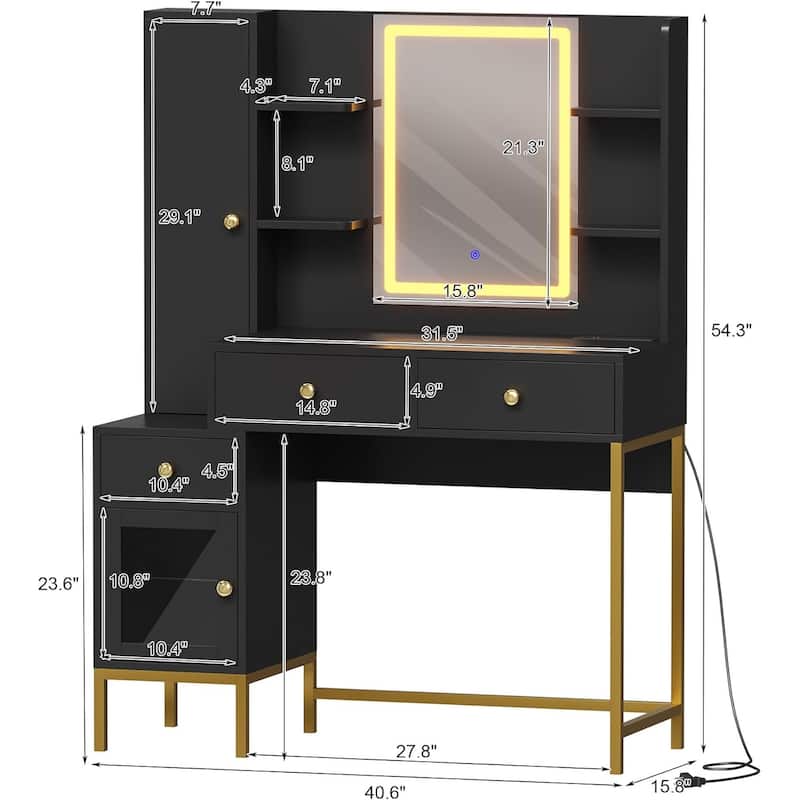 Modern Makeup Vanity Table with Charging Station,3 Drawers and Open Shelves