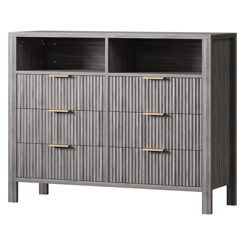 6 Drawer Dresser for Bedroom, Farmhouse Chest of Drawers with 2 Open Shelves and Fluted Doors - Grey