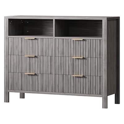 6 Drawer Dresser for Bedroom, Farmhouse Chest of Drawers with 2 Open Shelves and Fluted Doors