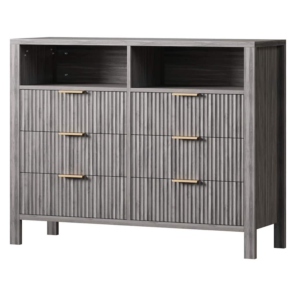 6 Drawer Dresser for Bedroom, Farmhouse Chest of Drawers with 2 Open Shelves and Fluted Doors