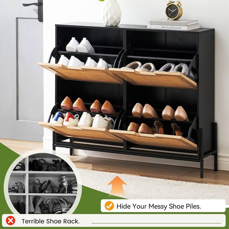4-Door Freestanding Rattan Shoe Cabinet Organizer with Adjustable Shelves