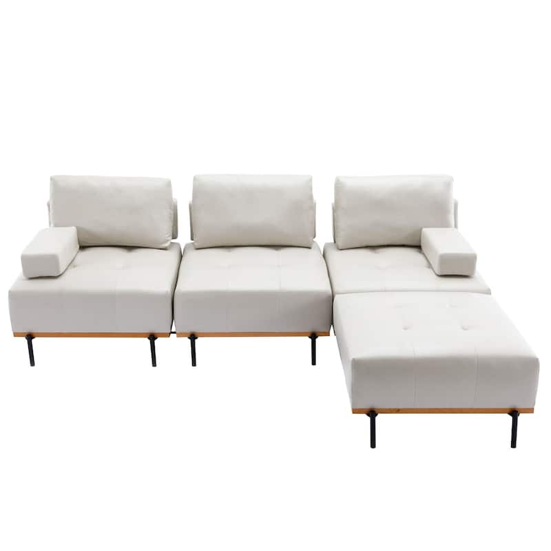 Beige 100.7'' L-Shaped 3-Seat Sofa with Movable Ottoman