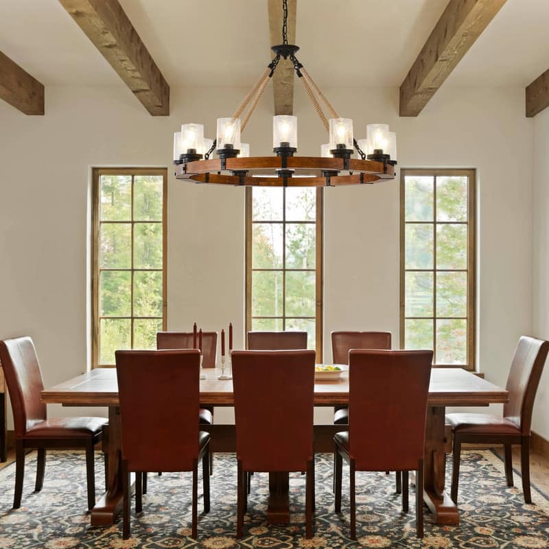 Farmhouse Wagon Wheel Chandelier Round Wood Pendant Lighting Fixture for Dining Room