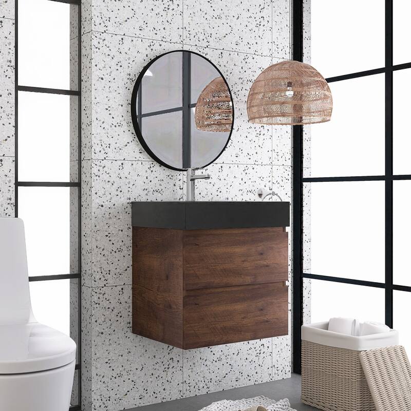 24"/30"/36" Wall-Mounted Bathroom Vanity Set with Black Integrated Quartz Sand Sink