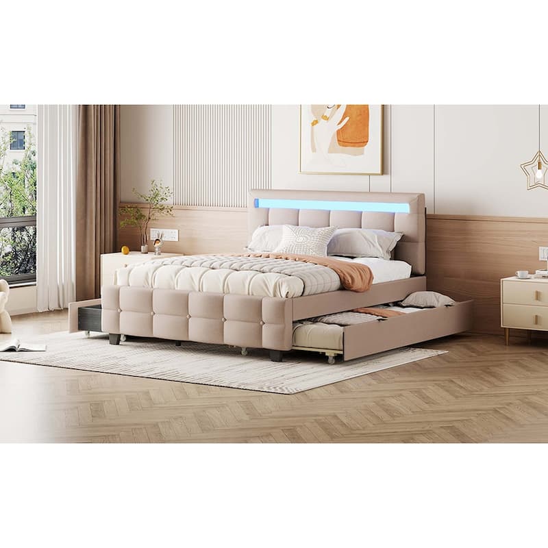 Platform Bed with LED Frame, Trundle & 2 Drawers