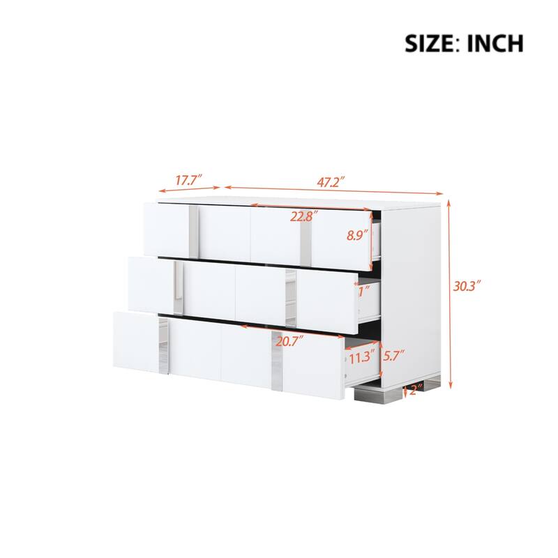 Mirrored Storage Cabinet with Metal Handle, 6 Drawers