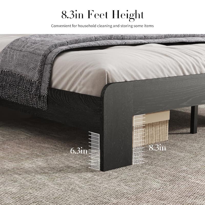 Wood Bed, Low Profile Platform Bed Frame with Storage Headboard Built-in LED Light and Charging Station