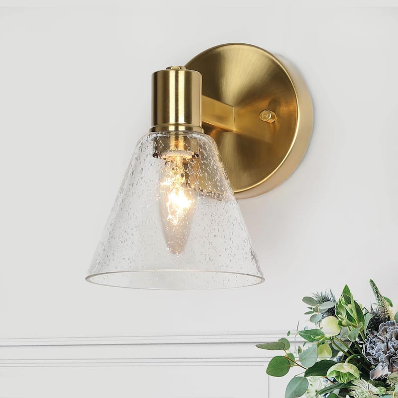 Veniya Glam Gold LED Bathroom Single Cone Wall Sconce Electroplate Brass 1-light with Clear Seeded Glass - L 5" x W 6.5" x H 7" - L 5" x W 6.5" x H 7" - Brass Gold
