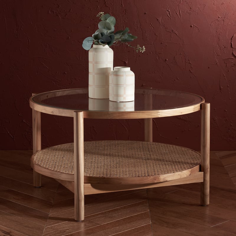 SAFAVIEH Couture Karyna 2-Tier Rattan/Glass Coffee Table - 35"W x 35"D x 18"H - Clear/Natural
