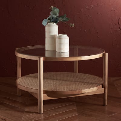 SAFAVIEH Couture Karyna 2-Tier Rattan/Glass Coffee Table - 35"W x 35"D x 18"H