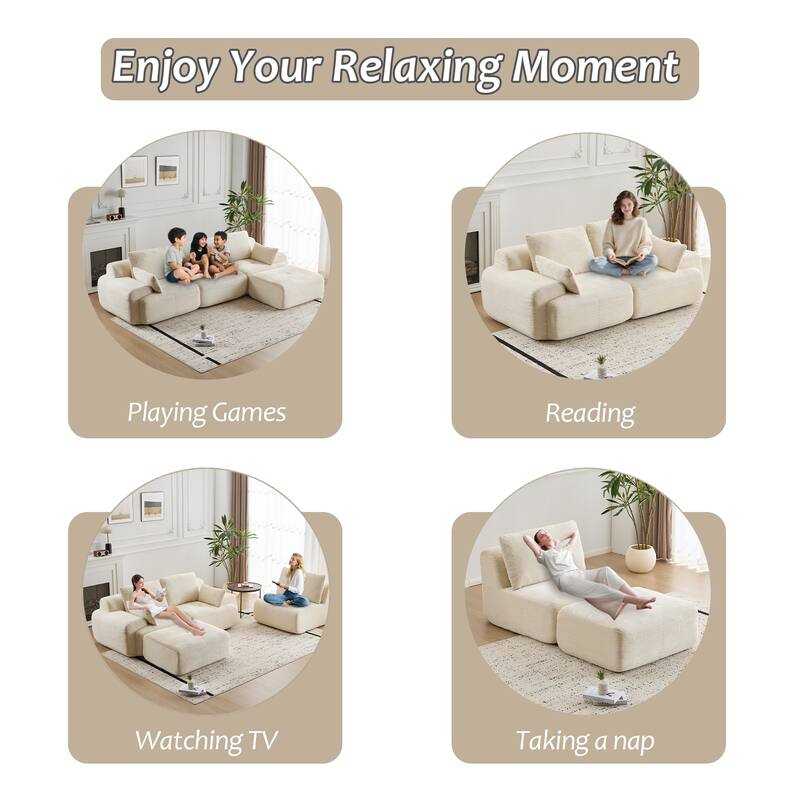L Shaped Modular Sectional Sofa with Ottoman, Corduroy Upholstered Cloud Sofa, Compressed Sofa with Cushions & Throw Pillows