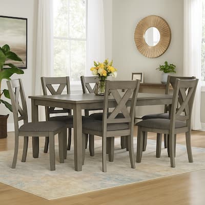 7 Piece Dining Table Set with 6 X-Back Chairs | Weathered Gray Wood | Padded Seats