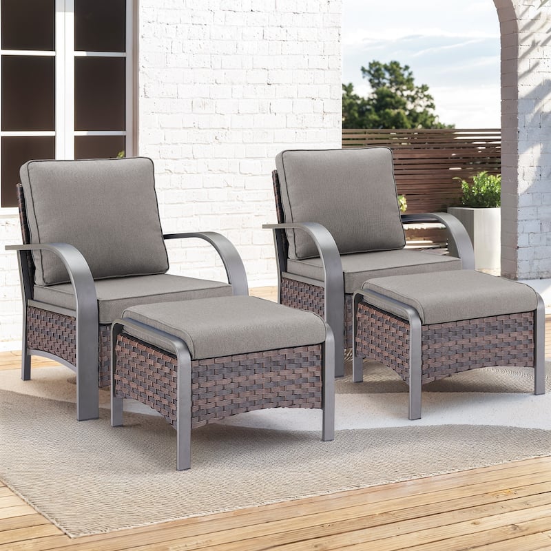 Pocassy Outdoor Patio Furniture Set - Brown Rattan - Grey Cushion - 4PCS Patio Chair with Ottoman