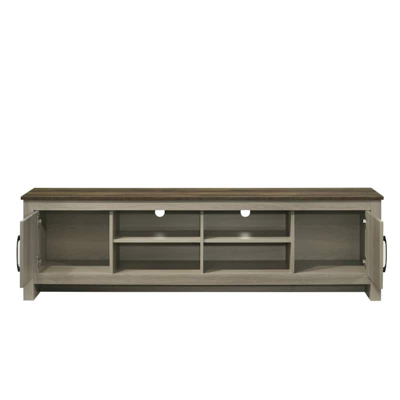 Nena TV Stand Cabinet, 2 Cabinet Doors, Brown Wood Top, Oak Gray