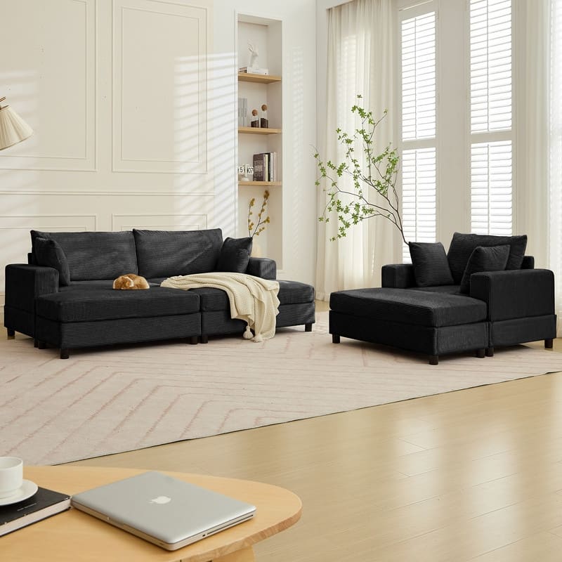 Mixoy Extra-Large Corduroy Upholstered Modular Sectional Sofa Set,Deep Seat Sleeper Chair with Ottoman - 2+1