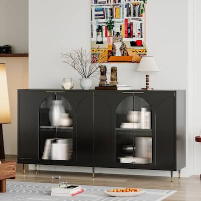 Accent Cabinet Black Lacquered Wooden Cabinet with 4 Glass Doors Sideboard Buffet Server