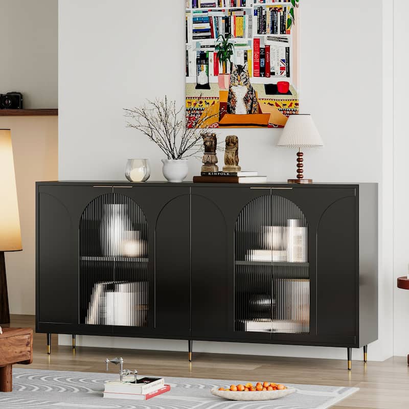 Accent Cabinet Lacquered Wooden Cabinet with 4 Glass Doors Sideboard Buffet