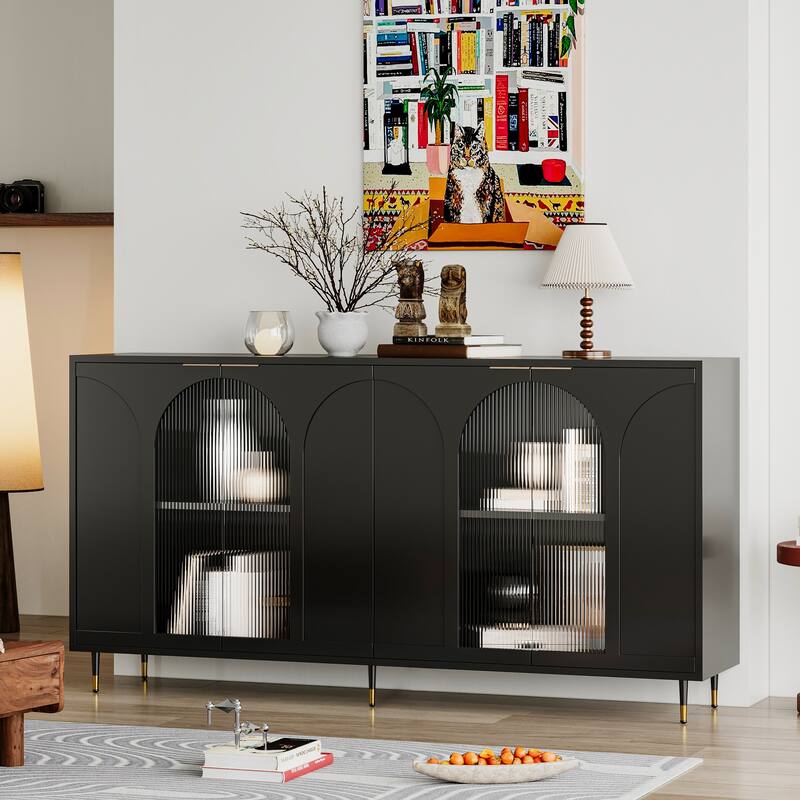 Black Sideboard Buffet Server Cabinet TV Console Table w/ 4 Glass Doors, Hallway Cabinet Adjustable Shelf Accent Storage Cabinet