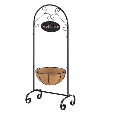 Metal Welcome Planter Basket Stand with Coco Liner, Hanging Planter Stand