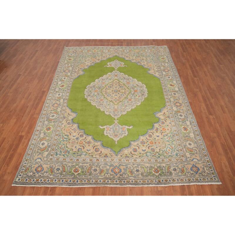 Hand Knotted Oriental 100% Wool Carpet Traditional Floral Green Tabriz Area Rug - 11' 0'' X 8' 0''