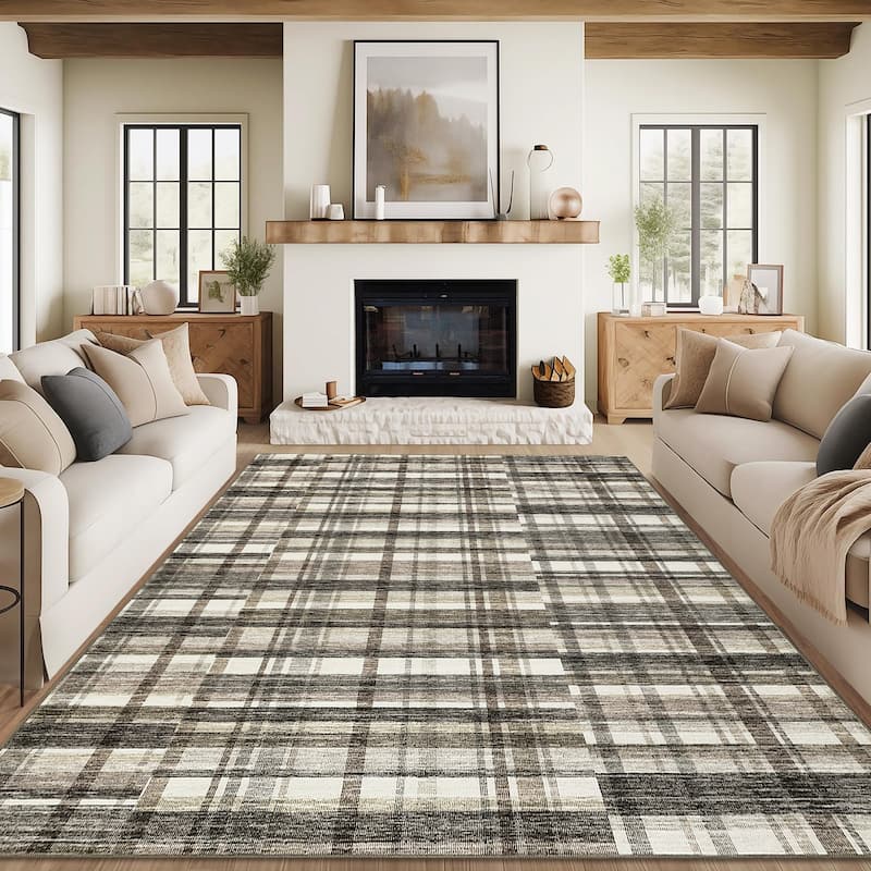 Area Rugs for Living Room Bedroom Modern Geometric Rug Low Pile Non Slip Farmhouse Plaid Carpet