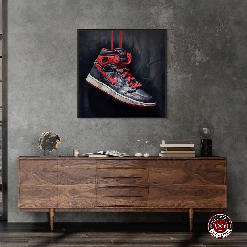 Notoriart Black And Red Hanging Sneaker Framed Sneaker 1 Piece Canvas Wall Art