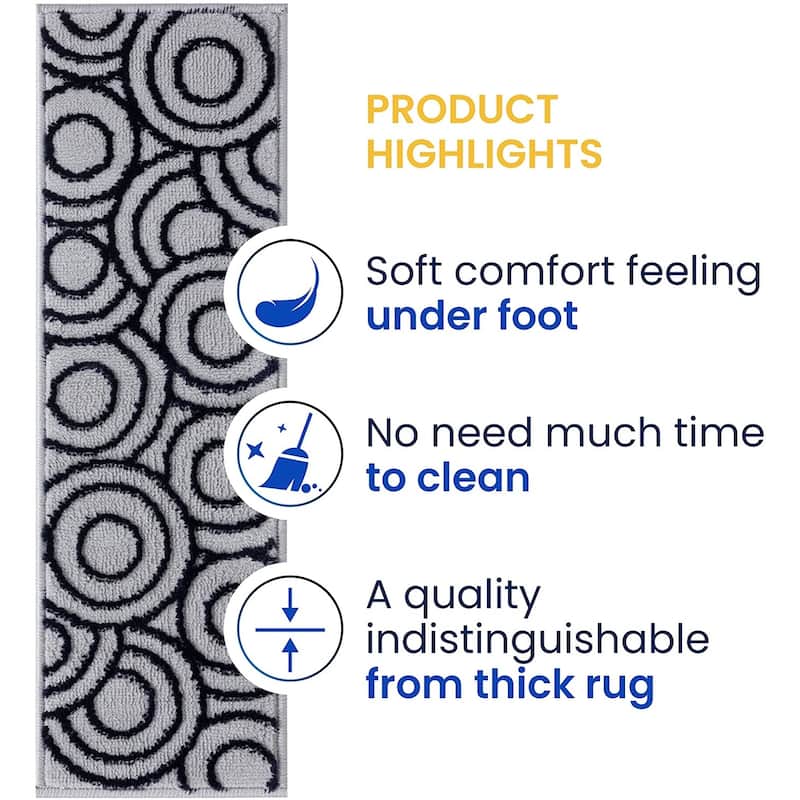 Beverly Rug Indoor Non Slip Carpet Stair Treads w/ Installed Tape 9"x 28" Circles Grey / Navy