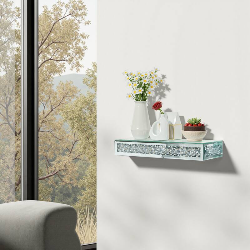 2 Pcs Crushed Diamond Display Shelves for Wall Stylish Floating Wall Shelf for Plants Mirrored Glass Floating Shelf