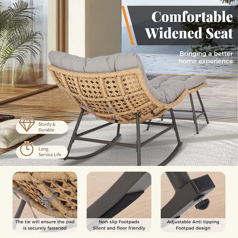 MAISON ARTS 2-Piece Outdoor Papasan Chairs, Oversized Rattan Lounge Scoop Chairs with Thick Padded Cushions and Steel Frame