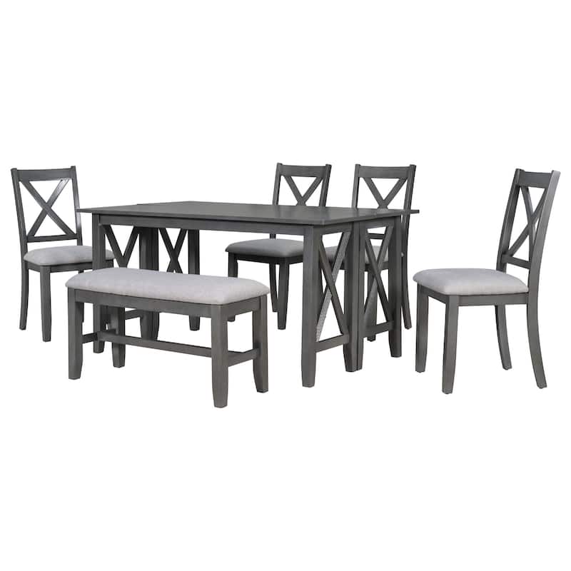 6 Pcs Dining Room Table Set with Foldable Table, Solid Wood Kitchen Dining Table Set with Bench and 4 Upholstered Chair