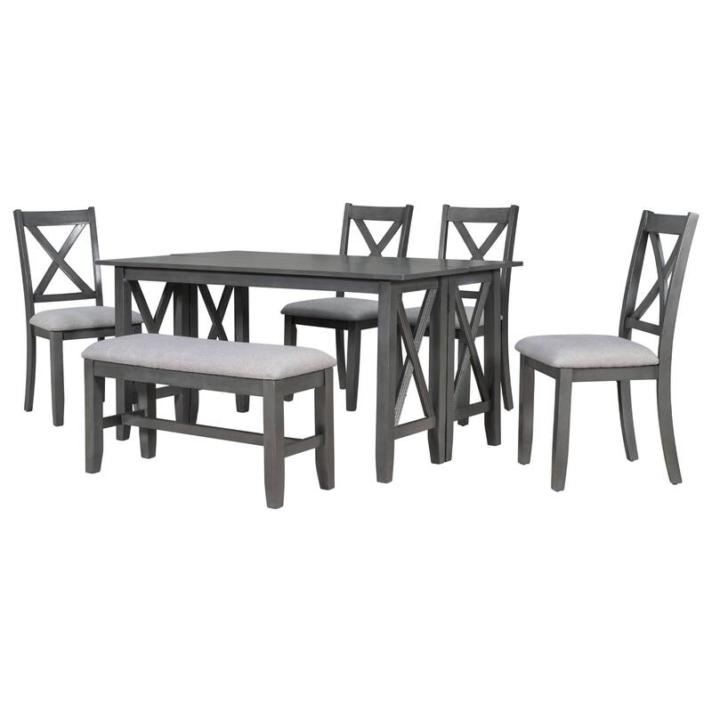 Gray 6-Piece Wooden Dining Table Set with Foldable Table & 4 Chairs