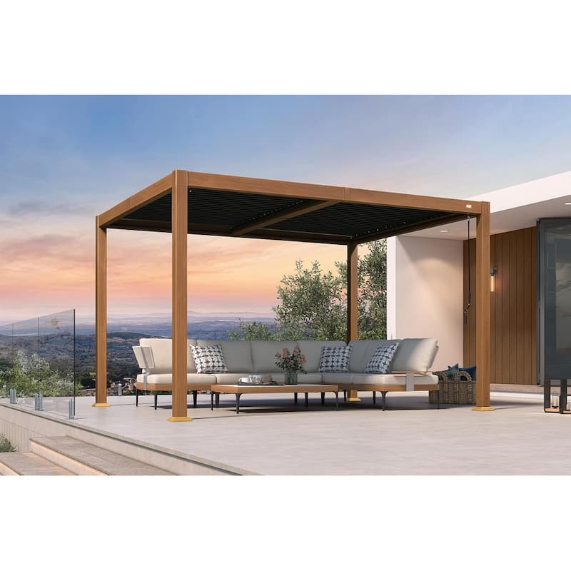 PURPLE LEAF Louvered Pergola Sun Shade Shelter with Adjustable Metal Roof for Patio Hardtop Pergola - 10' x 14' - Wood&Grey